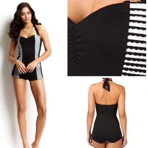Seafolly Sorrento Boyleg Retro Swimsuit Pin Up Halter Stripe Black White Size 8 - Picture 2 of 8